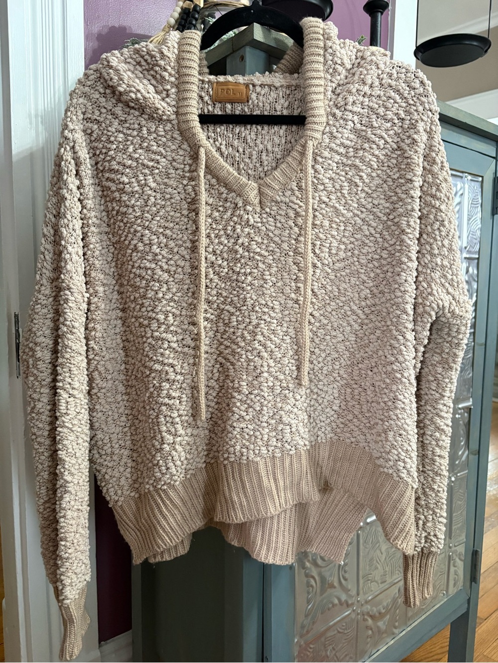 POL Textured Popcorn Knit Hoodie in Beige